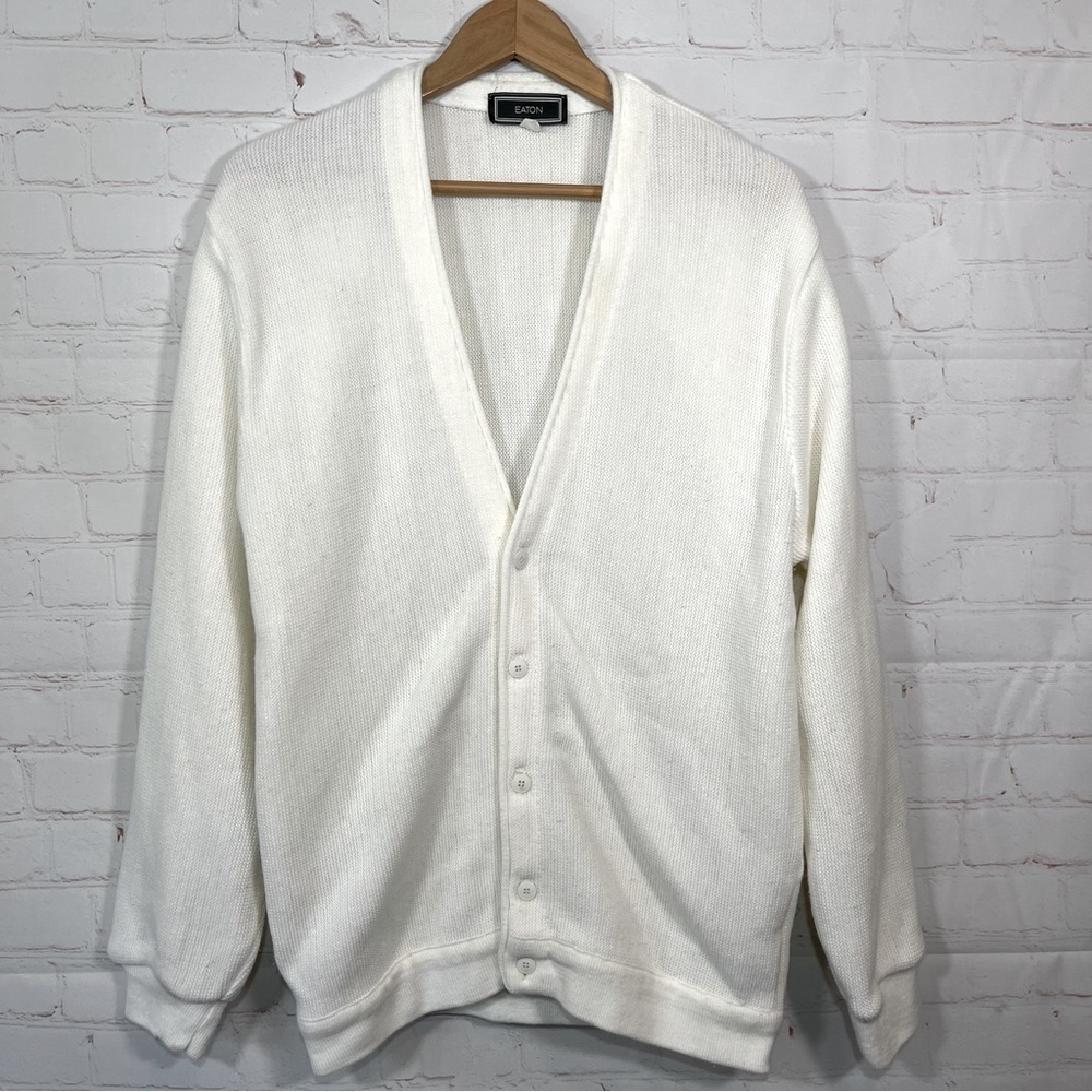 Vintage Eaton Cardigan Sweater Mens Large White Grandpa Acrylic Knit Buttons
